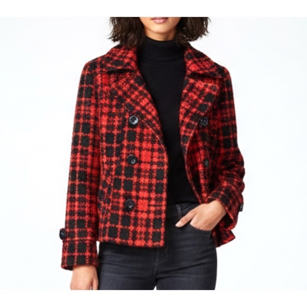 VTG Oleg Cassini RED/BLACK PLAID TWEED JACKET Double Breasted CHUNKY YARN sz L
